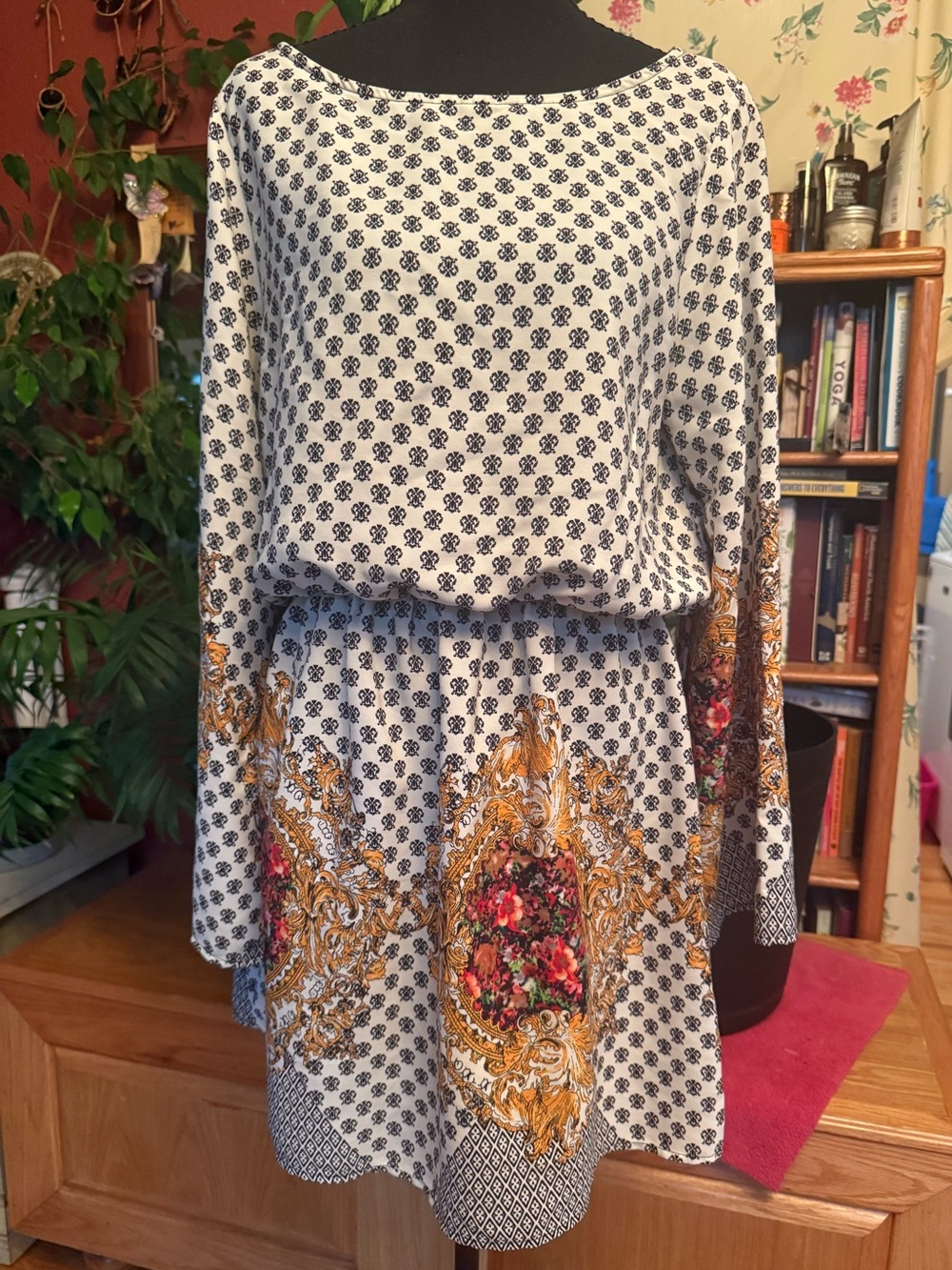 Cream Printed Long Sleeve Dress with Ornate Gold & Red Border